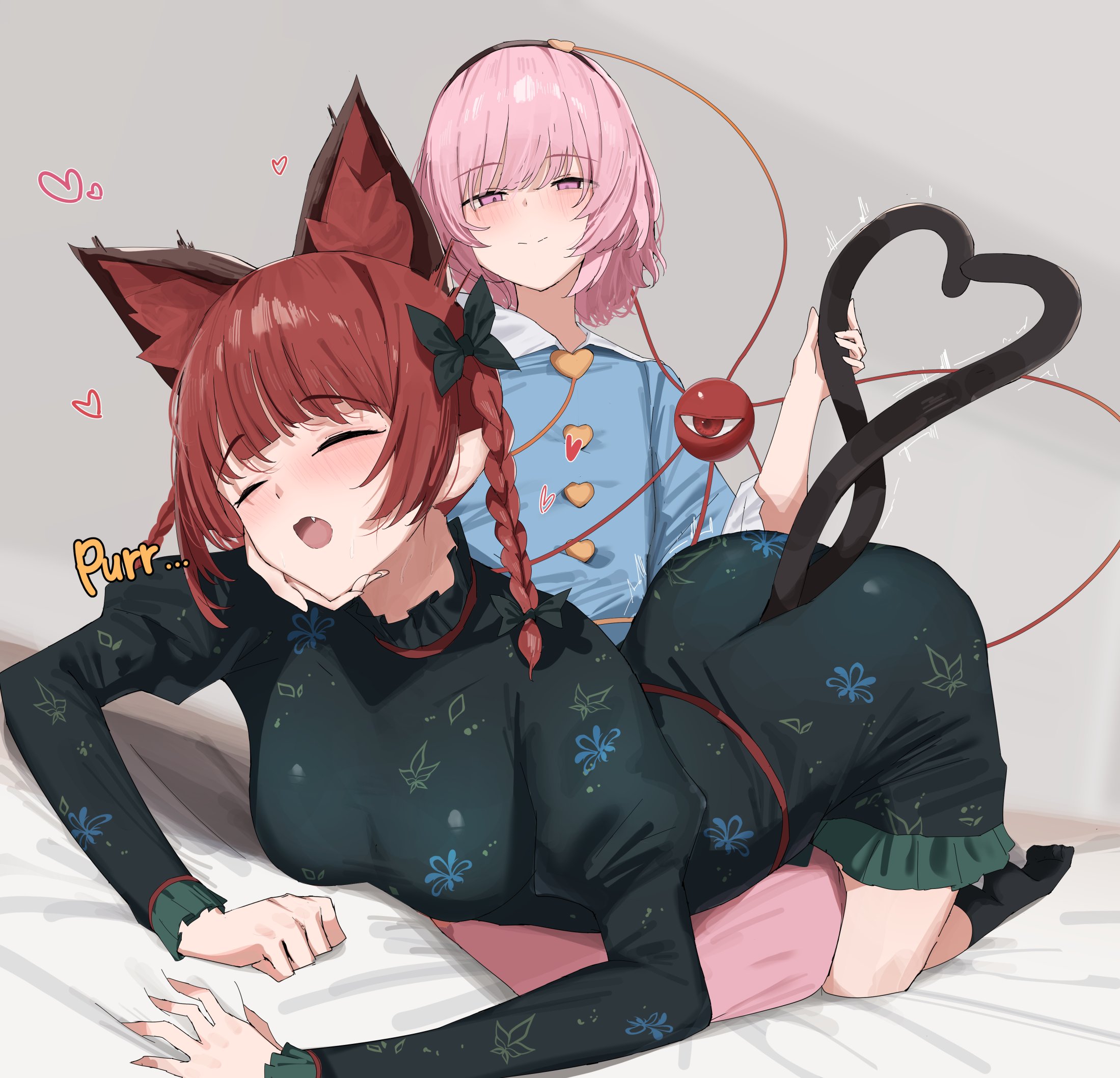 258n, kaenbyou rin, komeiji satori, touhou, highres, 2girls, ^ ^, all fours, animal ear fluff, animal ears, ass, black bow, black dress, black hairband, black socks, blue shirt, blush, bow, braid, cat ears, cat girl, cat tail, chin rub, closed eyes, closed mouth, collared shirt, dress, extra ears, fang, feral instincts, grabbing another's tail, hair ornament, hairband, hand on another's chin, heart, heart hair ornament, heart tail, juliet sleeves, long sleeves, medium hair, multiple girls, multiple tails, on person, open mouth, pink eyes, pink hair, pink skirt, pointy ears, puffy sleeves, red hair, shirt, short hair, side braids, sitting, skirt, smile, socks, tail, third eye, twin braids, two tails