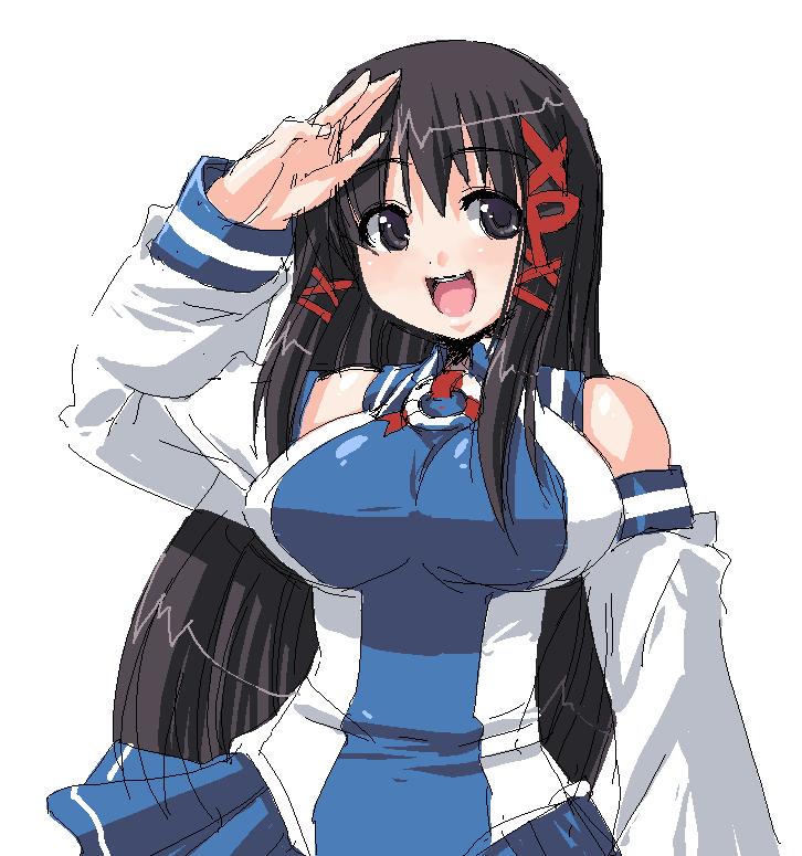 xp-tan, os-tan, 1girl, :d, arm up, bare shoulders, black eyes, black hair, blue skirt, blush, breasts, character name, detached sleeves, female focus, hair ribbon, large breasts, long hair, oekaki, open mouth, pleated skirt, ribbon, salute, shirt, simple background, sketch, skirt, sleeve cuffs, smile, solo, tress ribbon, upper body, very long hair, white background