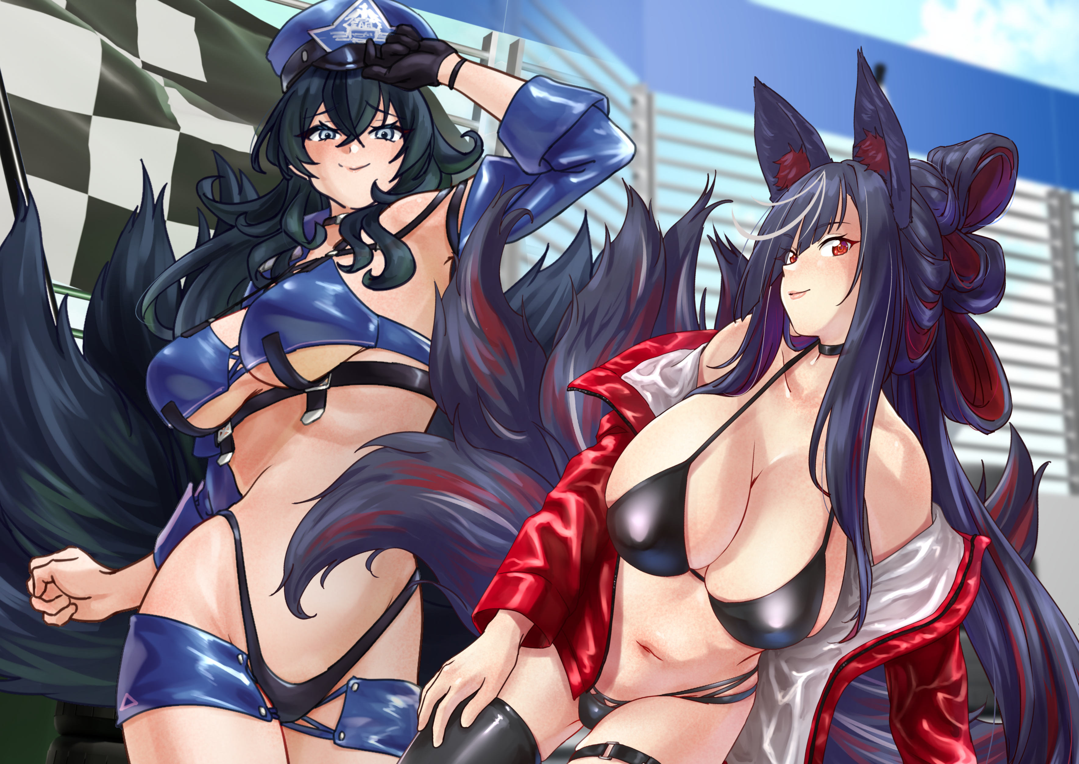 eggprotain, baltimore (azur lane), baltimore (finish line flagbearer) (azur lane), taihou (azur lane), taihou (enraptured companion) (azur lane), azur lane, oshiro project:re, absurdres, character request, highres, 2girls, alternate costume, animal ears, baltimore (azur lane) (cosplay), bare shoulders, bikini, black bikini, black choker, black hair, black thighhighs, blue bikini, blue eyes, blue jacket, breasts, checkered flag, choker, cleavage, co loa castle (oshiro project), cosplay, cropped jacket, flag, folded hair, fox ears, fox girl, fox tail, gloves, hair between eyes, hat, highleg, highleg bikini, jacket, kitsune, kyuubi, large breasts, long hair, multi-strapped bikini bottom, multiple girls, multiple tails, navel, official alternate costume, peaked cap, race flag, race queen, red eyes, red jacket, shorts, single glove, swimsuit, taihou (azur lane) (cosplay), tail, thighhighs, updo