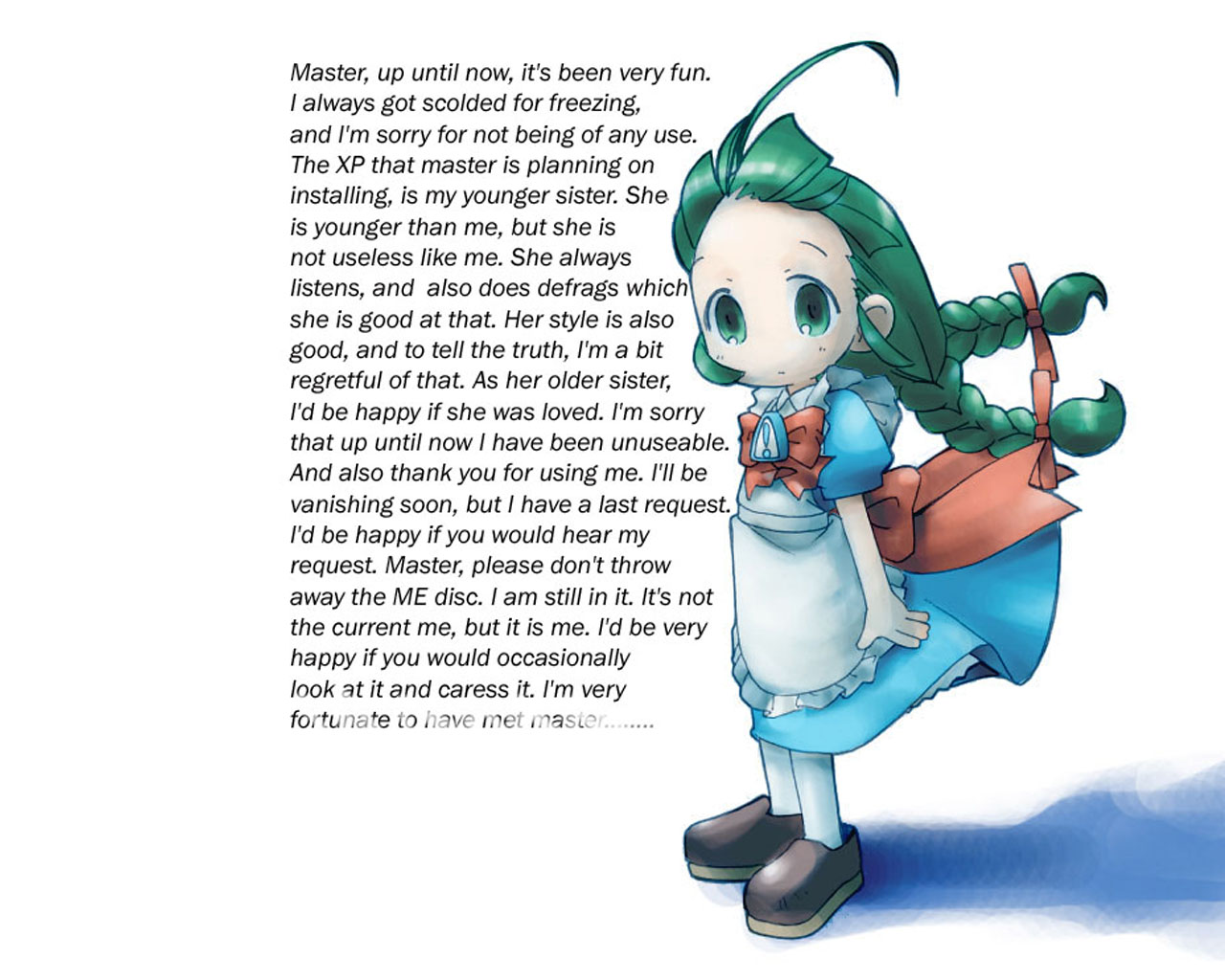 me-tan, os-tan, hard-translated, third-party edit, translated, 1girl, ahoge, braid, english text, female focus, green eyes, green hair, matching hair/eyes, sad, solo, text focus, thighhighs, twin braids, wall of text