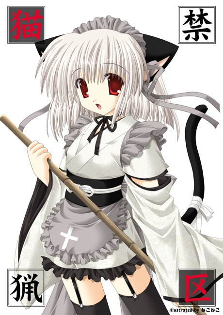nekoneko, animal ears, apron, black thighhighs, cat ears, cat tail, cross, detached sleeves, frills, latin cross, maid, maid apron, red eyes, ribbon, short hair, solo, tail, thighhighs, white hair