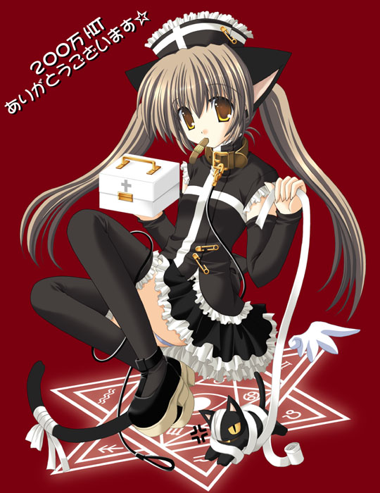 nekoneko, 1girl, animal ears, bandages, bandaid, brown eyes, brown hair, cat, cat ears, female focus, goth fashion, long hair, maid, mouth hold, nurse, skirt, solo, tail, thighhighs, twintails