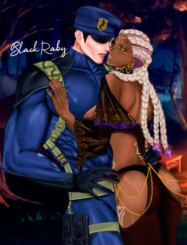dolores (kof), heidern, the king of fighters, 1girl, ass, b.raby, blackraby, bodypaint, braid, braided ponytail, breasts, cleavage, close-up, dark-skinned female, dark skin, dress, earrings, evilblack raby, face-to-face, female focus, from behind, glasses, gold, green eyes, huge breasts, jewelry, large breasts, long hair, pale skin, panties, purple hair, round eyewear, standing, thick thighs, thighs, underwear, white hair