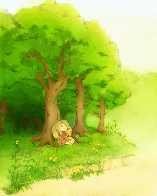 koshou shichimi, original, 1girl, animal ears, blonde hair, female focus, forest, fox ears, nature, scenery, sitting, sleeping, solo, tree, triangle mouth