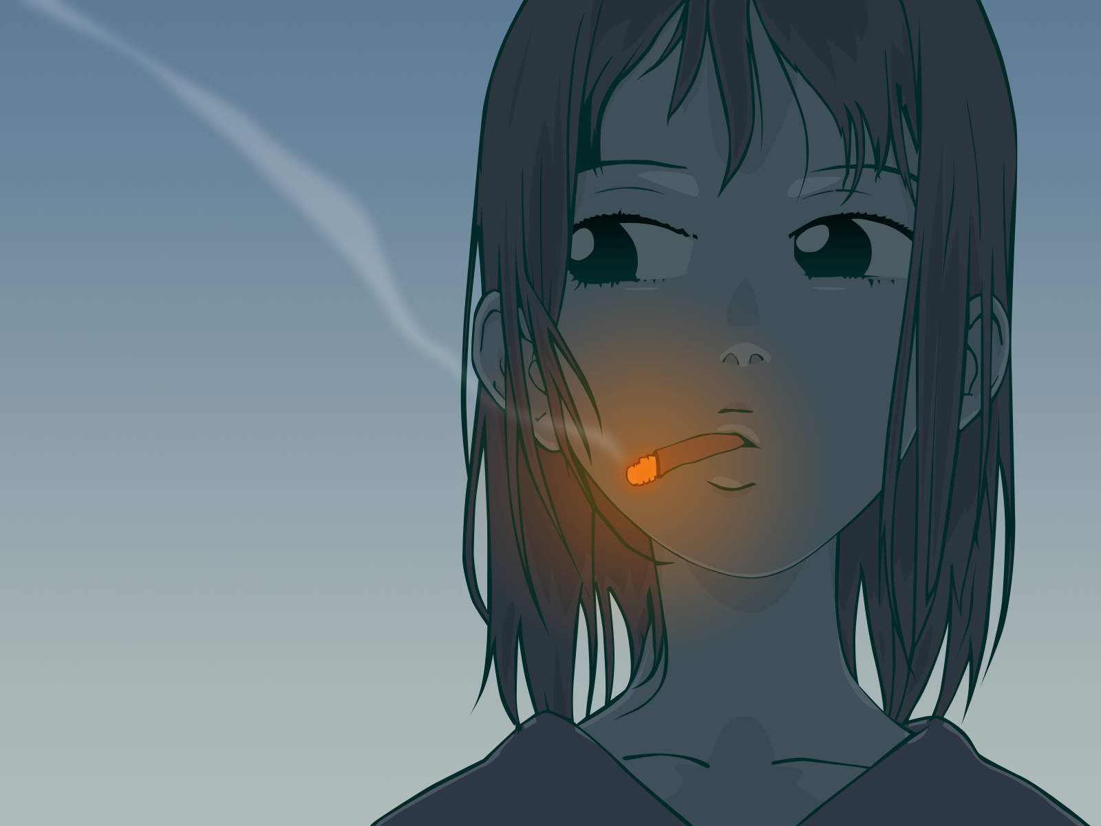 samejima mamimi, flcl, gainax, derivative work, highres, vector trace, 00s, cigarette, portrait, smoking, solo