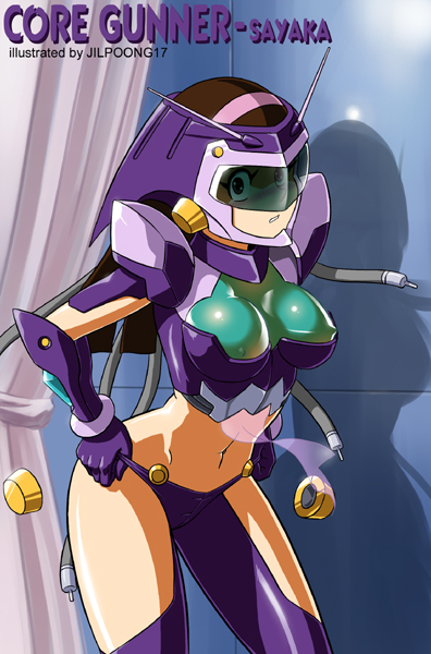 jilpoong17, core gunner, yumi sayaka, mazinger (series), mazinger z, shinkon gattai godannar!!, 1girl, breasts, brown hair, cosplay, covered erect nipples, female focus, hairband, large breasts, long hair, mecha, mecha musume, midriff, navel, revealing clothes, robot, solo