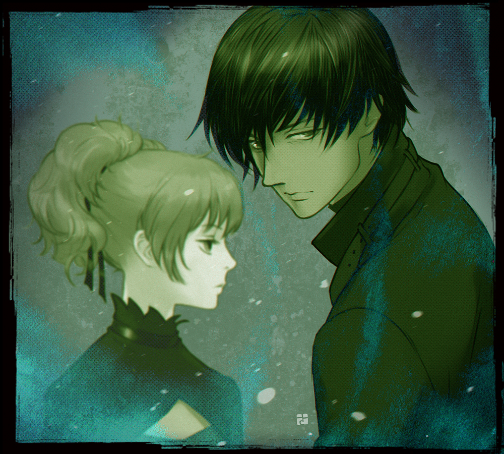 sapon, hei (darker than black), yin (darker than black), darker than black, commentary request, 1boy, 1girl, black hair, coat, dress, expressionless, grey hair, looking at viewer, profile, updo, upper body