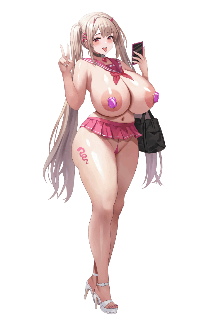 jasony, viper (nikke), goddess of victory: nikke, animated, animated gif, commentary, looping animation, 1girl, areola slip, bag, black bag, black choker, blush, bouncing breasts, breasts, brown hair, cellphone, choker, fingernails, gem, gem pasties, hair ornament, heart collar, high heels, holding, holding phone, horns, huge breasts, leg tattoo, long hair, looking at viewer, nail polish, navel, neckerchief, open mouth, panties, pasties, phone, pink eyes, pink gemstone, pink horns, pink neckerchief, pink panties, pink sailor collar, pink skirt, sailor collar, shoes, shoulder bag, simple background, skirt, smartphone, snake hair ornament, solo, stomach, tattoo, teeth, thighs, tongue, tongue out, twintails, underwear, upper teeth only, v, white background, white nails, white shoes