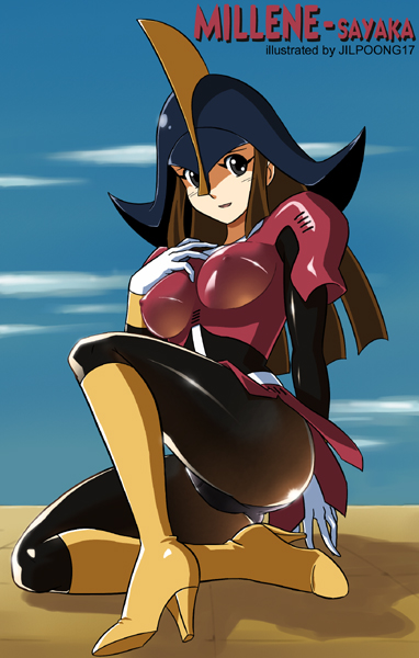 jilpoong17, yumi sayaka, mazinger (series), mazinger z, 1girl, boots, breasts, brown hair, cosplay, covered erect nipples, female focus, helmet, high heel boots, high heels, large breasts, mecha, millene, robot, shoes, solo