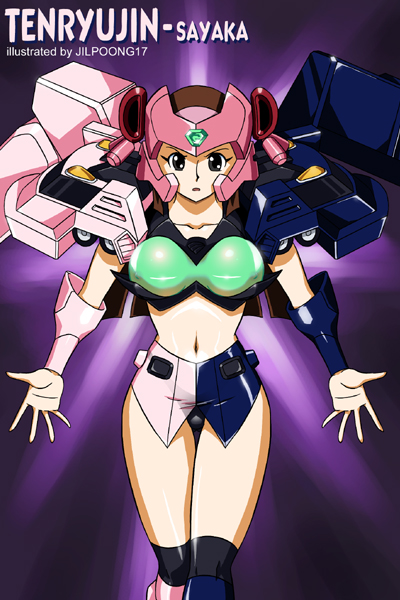 jilpoong17, tenryujin, yumi sayaka, mazinger (series), mazinger z, yuusha ou gaogaigar, yuusha ou gaogaigar final, yuusha series, 1girl, breasts, brown eyes, brown hair, cosplay, female focus, large breasts, looking at viewer, mecha, mecha musume, midriff, navel, robot, solo