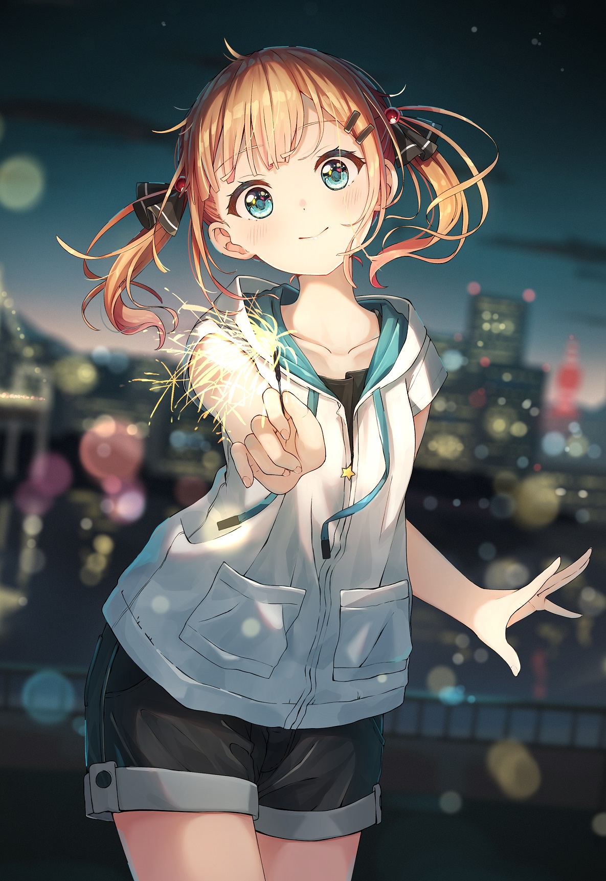 enuni, original, highres, 1girl, black pants, black ribbon, blonde hair, blue eyes, blurry, blurry background, blush, cityscape, closed mouth, collarbone, depth of field, drawstring, fireworks, hair ornament, hair ribbon, holding, holding fireworks, hood, hood down, hooded jacket, jacket, looking at viewer, night, outdoors, pants, ribbon, shirt, short sleeves, sky, sleeveless, smile, solo, sparkler, twintails, white jacket