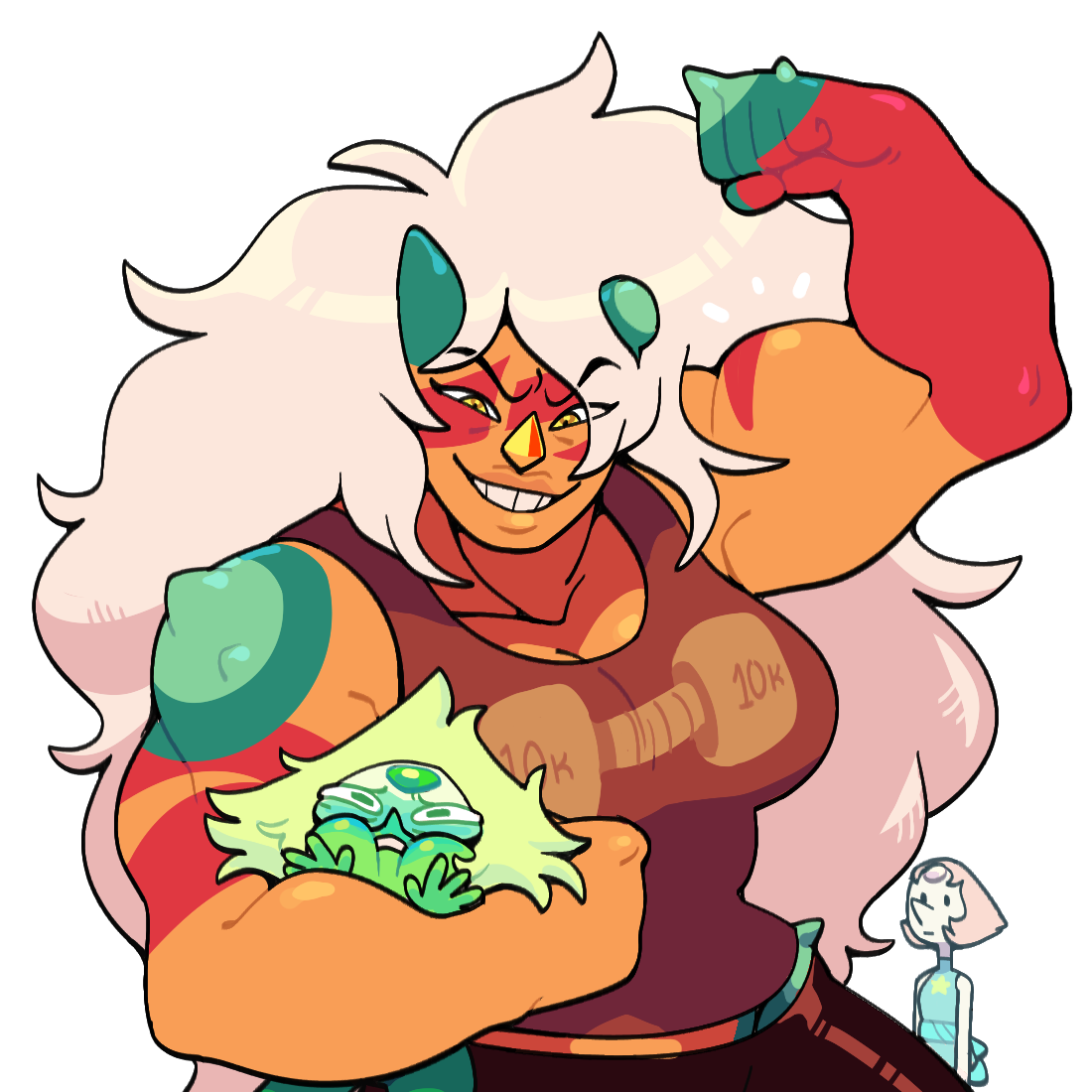 discount-supervillain, jasper (steven universe), pearl (steven universe), peridot (steven universe), steven universe, 3girls, alternate costume, broken horn, casual, colored skin, grin, horns, jasper (post-corruption) (steven universe), multiple girls, muscular, muscular female, orange skin, pearl (species) (steven universe), size difference, smile, steven universe: future, tank top, tomboy