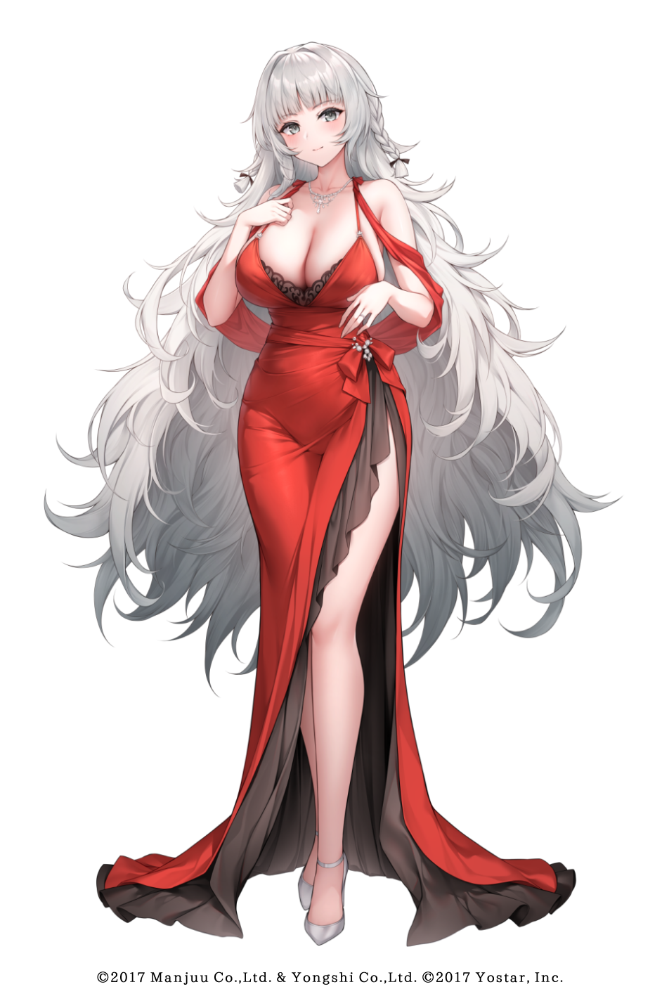 oyuwari, vittorio veneto (azur lane), azur lane, highres, merchandise available, official art, 1girl, alternate costume, bare shoulders, blush, breasts, cleavage, closed mouth, collarbone, dress, full body, grey eyes, jewelry, large breasts, long hair, looking at viewer, necklace, red dress, simple background, smile, solo, standing, white background, white hair