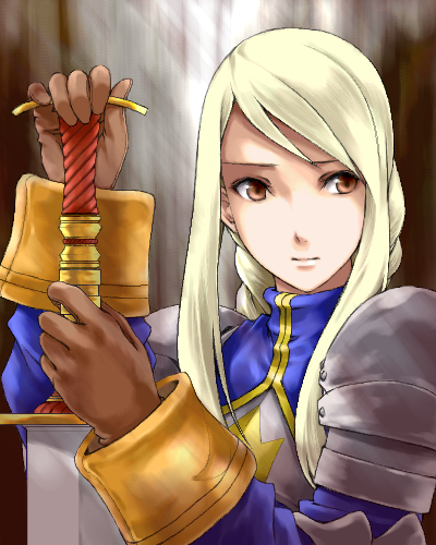 agrias oaks, final fantasy, final fantasy tactics, lowres, 1girl, armor, blonde hair, braid, female focus, hands on hilt, long hair, solo, sword, weapon, yellow eyes