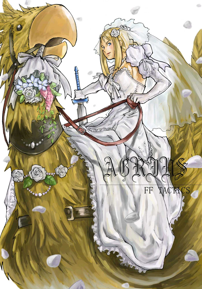 agrias oaks, chocobo, final fantasy, final fantasy tactics, blonde hair, blue eyes, bouquet, braid, bride, dress, elbow gloves, flower, gloves, long hair, petals, solo, sword, weapon, wedding dress