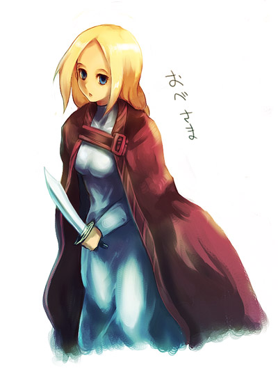 kara (color), ovelia atkascha, final fantasy, final fantasy tactics, 1girl, blonde hair, blue eyes, braid, cape, female focus, knife, long hair, solo