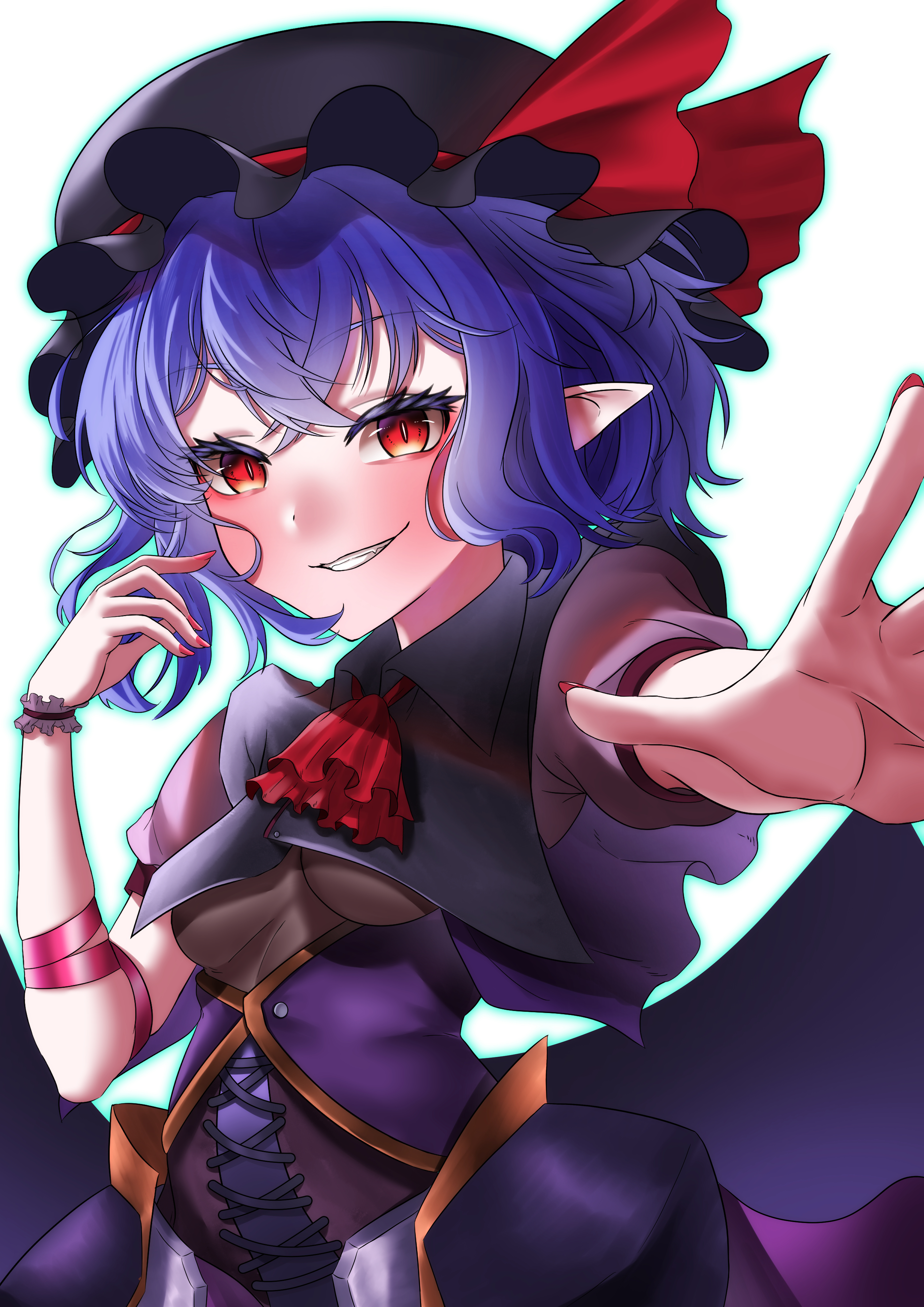 remilia scarlet, touhou, absurdres, commentary request, highres, 1girl, :d, alternate color, alternate costume, ascot, bat wings, black dress, black hat, black wrist cuffs, blue hair, blush, breasts, bright pupils, cowboy shot, crossed bangs, dress, eyelashes, fang, frilled wrist cuffs, frills, glowing, grin, hair between eyes, hakuchon821, hand up, hat, hat ribbon, impossible clothes, looking at viewer, low wings, medium breasts, medium hair, mob cap, nail polish, open mouth, outstretched arm, outstretched hand, pointy ears, puffy short sleeves, puffy sleeves, red ascot, red eyes, red nails, red ribbon, ribbon, short sleeves, simple background, slit pupils, smile, smug, solo, white background, white pupils, wings, wrist cuffs