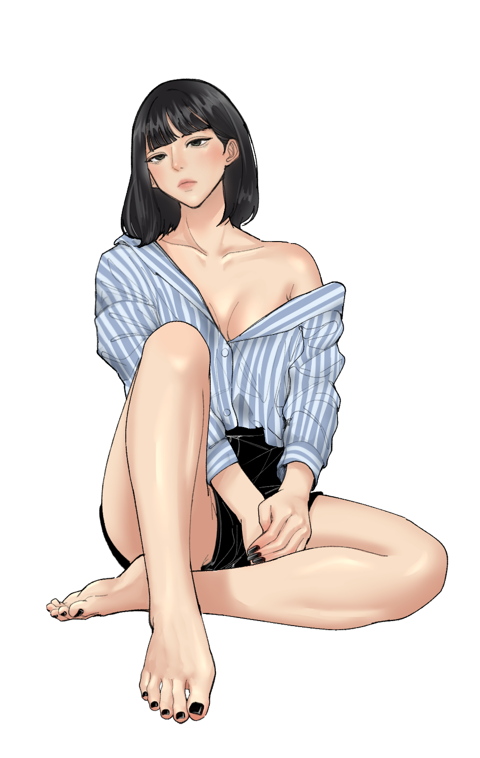 emmi, highres, 1girl, barefoot, black eyes, black hair, feet, long hair, looking at viewer, off shoulder, short shorts, shorts, soles, toes
