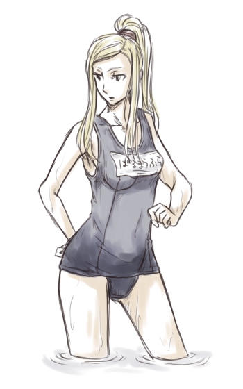 valmafra lenande, final fantasy, final fantasy tactics, translated, 1girl, black one-piece swimsuit, blonde hair, female focus, high ponytail, long hair, name tag, one-piece swimsuit, ponytail, school swimsuit, solo, swimsuit, wet