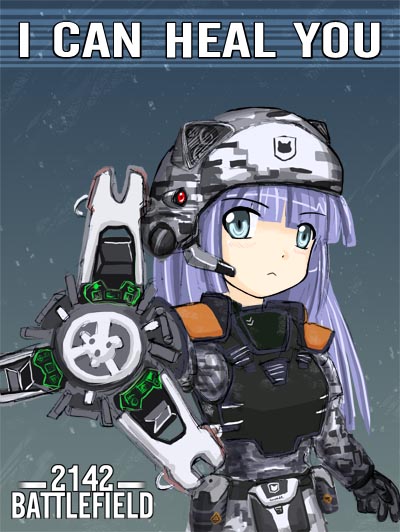 battlefield (series), battlefield 2142, non-web source, 1girl, armor, blue hair, camouflage, combat medic, digital camouflage, female focus, helmet, oekaki, soldier, solo