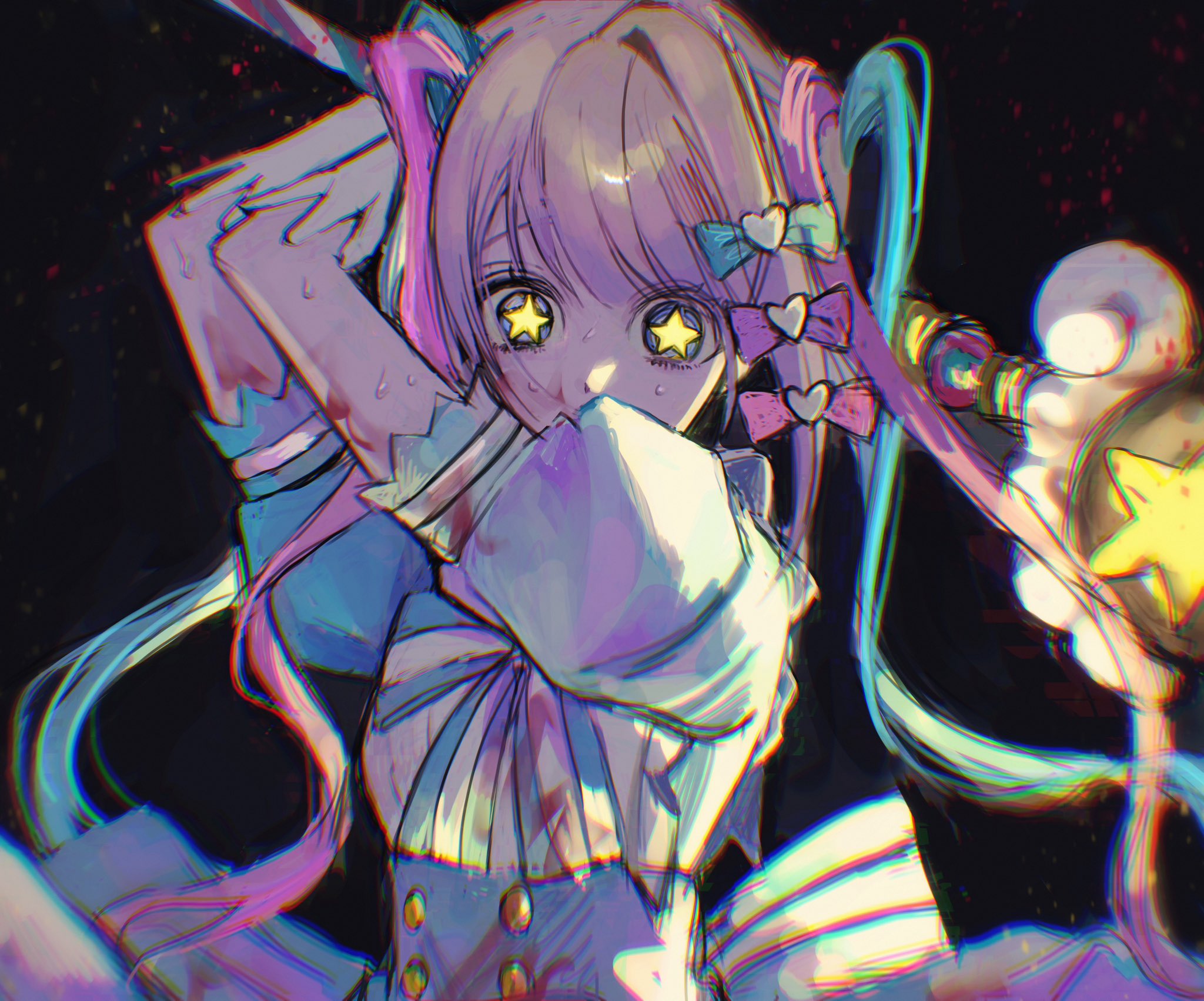 pao (i loxe u), chouzetsusaikawa tenshi-chan, needy girl overdose, highres, 1girl, blonde hair, blood, blood on clothes, blue bow, blue bowtie, blue dress, blue eyes, blue hair, bow, bowtie, dress, gloves, hair bow, holding, holding staff, ima sugu rinne (vocaloid), long hair, mage staff, pink bow, purple bow, purple hair, short sleeves, solo, staff, star-shaped pupils, star (symbol), symbol-shaped pupils, very long hair, white gloves