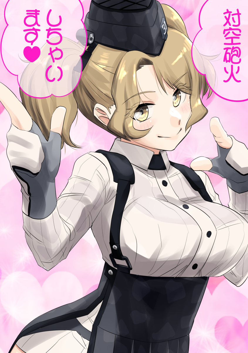 nekotarou (nktr299), atlanta (kancolle), houston (kancolle), nazuka kaori, kantai collection, highres, 1girl, atlanta (kancolle) (cosplay), blonde hair, breasts, cosplay, gloves, long sleeves, partially fingerless gloves, pink background, shirt, smile, solo, twintails, voice actor connection, white shirt