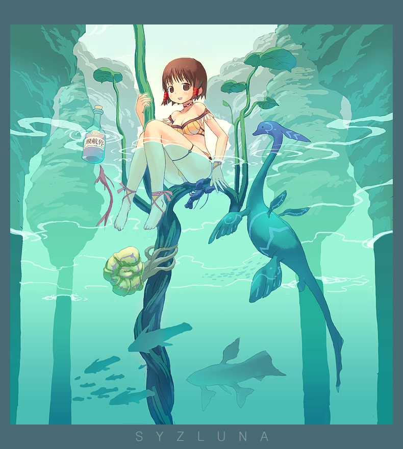 tougetsu gou, original, minimized, 1girl, barefoot, bikini, bottle, brown eyes, brown hair, dinosaur, fantasy, feet, female focus, fish, short hair, solo, swimsuit, water