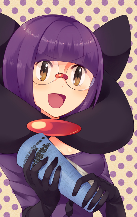 pohe, shauntal (pokemon), nintendo, pokemon, pokemon bw, 1girl, blunt bangs, bob cut, breasts, cleavage, elbow gloves, fire, glasses, gloves, low-cut, medium breasts, open mouth, purple eyes, purple fire, purple hair, rimless eyewear, round eyewear, short hair, solo, upper body, v-shaped eyebrows