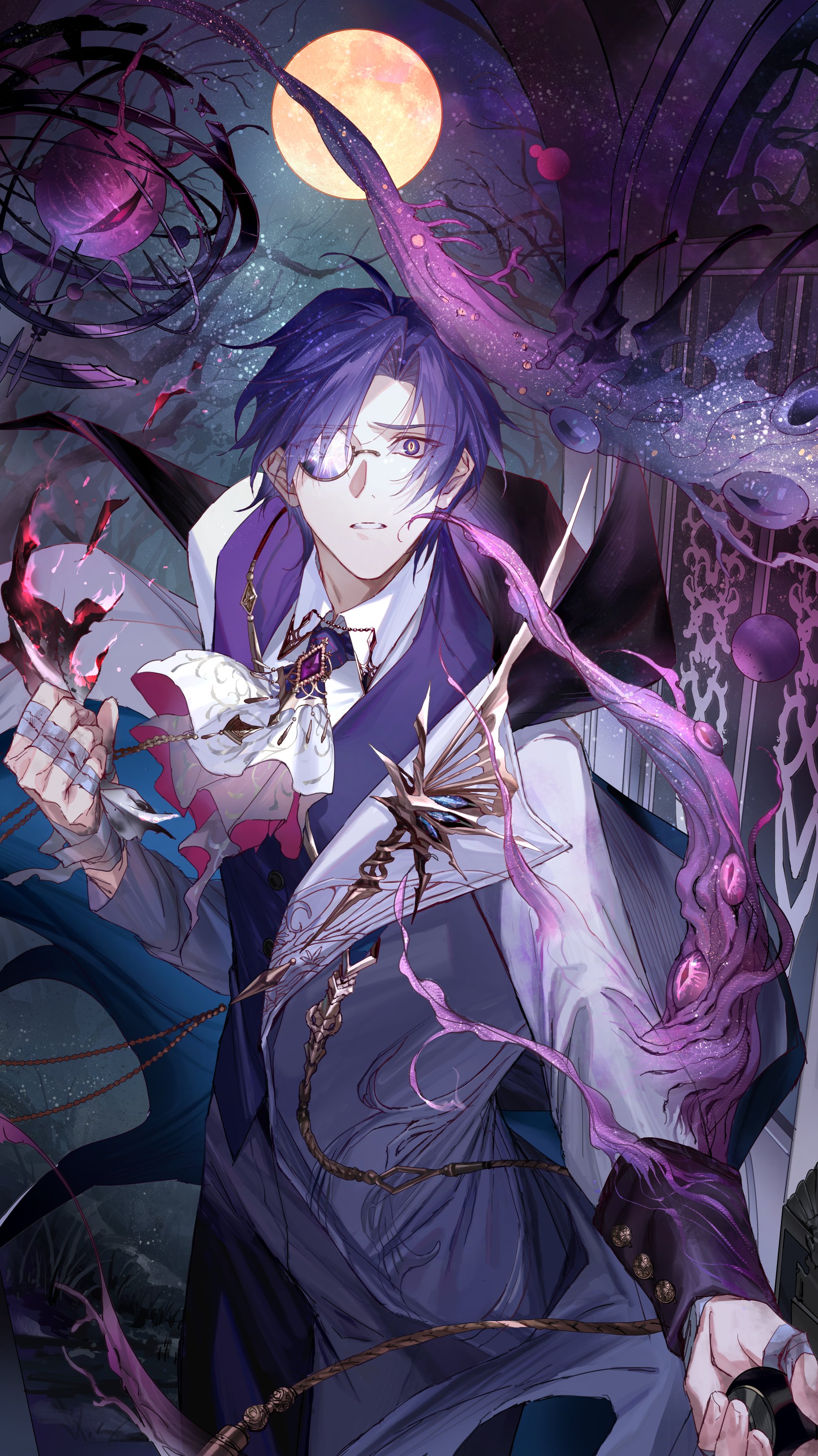 seomouse, clarence clayden, lovebrush chronicles, absurdres, highres, korean commentary, official art, 1boy, arm out of sleeve, armillary sphere, ascot, bandaged hand, bandages, bare tree, blood, blood on hands, blue eyes, blue hair, brooch, burning, burning paper, clenched teeth, coat, collar chain (jewelry), collared shirt, cowboy shot, curtained hair, eldritch abomination, extra eyes, eyeball, frown, full moon, gem, grass, grey pants, holding, holding paper, jewelry, lapel pin, lapels, light particles, long sleeves, looking at viewer, male focus, mole, mole under eye, monocle, moon, night, notched lapels, opening door, pants, paper, parted bangs, purple gemstone, purple vest, red pupils, shirt, short hair, solo, standing, teeth, tentacles, tree, vest, white ascot, white coat, white shirt, wide-eyed