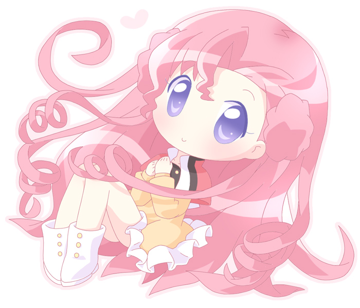 mirai (sugar), euphemia li britannia, code geass, 00s, 1girl, bare legs, blush, chibi, donut hair bun, dress, female focus, full body, hair bun, knees up, long hair, looking at viewer, orange dress, pink hair, purple eyes, simple background, solo, tareme, very long hair, white background