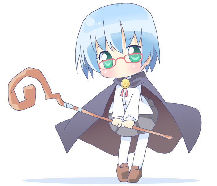 mirai (sugar), tabitha (zero no tsukaima), zero no tsukaima, 00s, 1girl, blue hair, blush, chibi, female focus, glasses, green eyes, no nose, pantyhose, pentacle, red-framed eyewear, short hair, solo, white background, white pantyhose