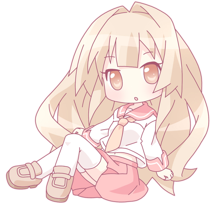mirai (sugar), seto sun, seto no hanayome, 00s, 1girl, blush, brown eyes, brown hair, chibi, female focus, long hair, looking at viewer, school uniform, simple background, sitting, skirt, solo, thighhighs, very long hair, white background