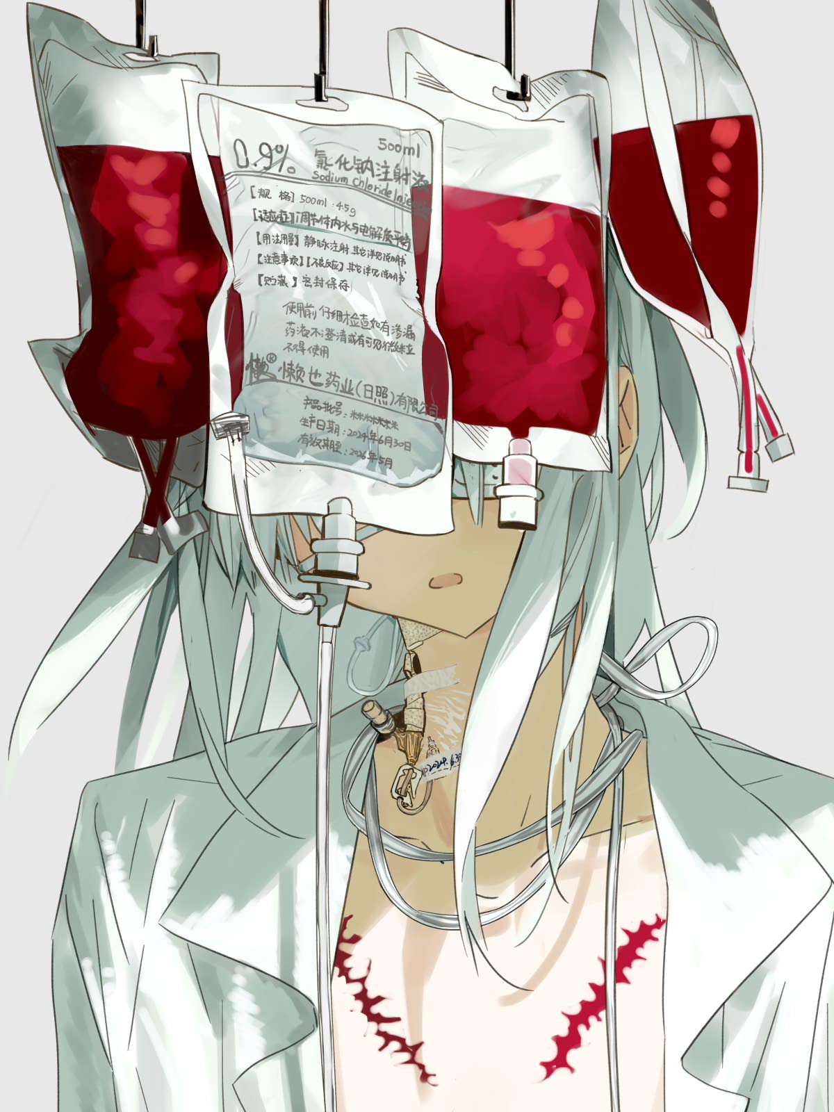 original, highres, 1boy, blood, blood bag, collarbone, collared shirt, grey background, intravenous drip, lab coat, lanye11, long hair, male focus, open clothes, open mouth, open shirt, scar, shirt, simple background, solo, stitches, upper body, white hair, white shirt