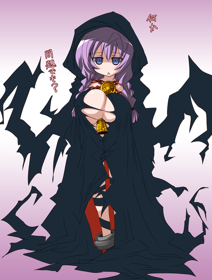 hirowa nagi, curse maker, curse maker 2, atlus, etrian odyssey, 1girl, alternate breast size (larger), annoyed, bell, braid, breasts, bursting breasts, chain, cleavage, cloak, female focus, gradient background, hood, huge breasts, looking at viewer, purple hair, ringed eyes, short twintails, solo, standing, triangle mouth, twin braids, twintails