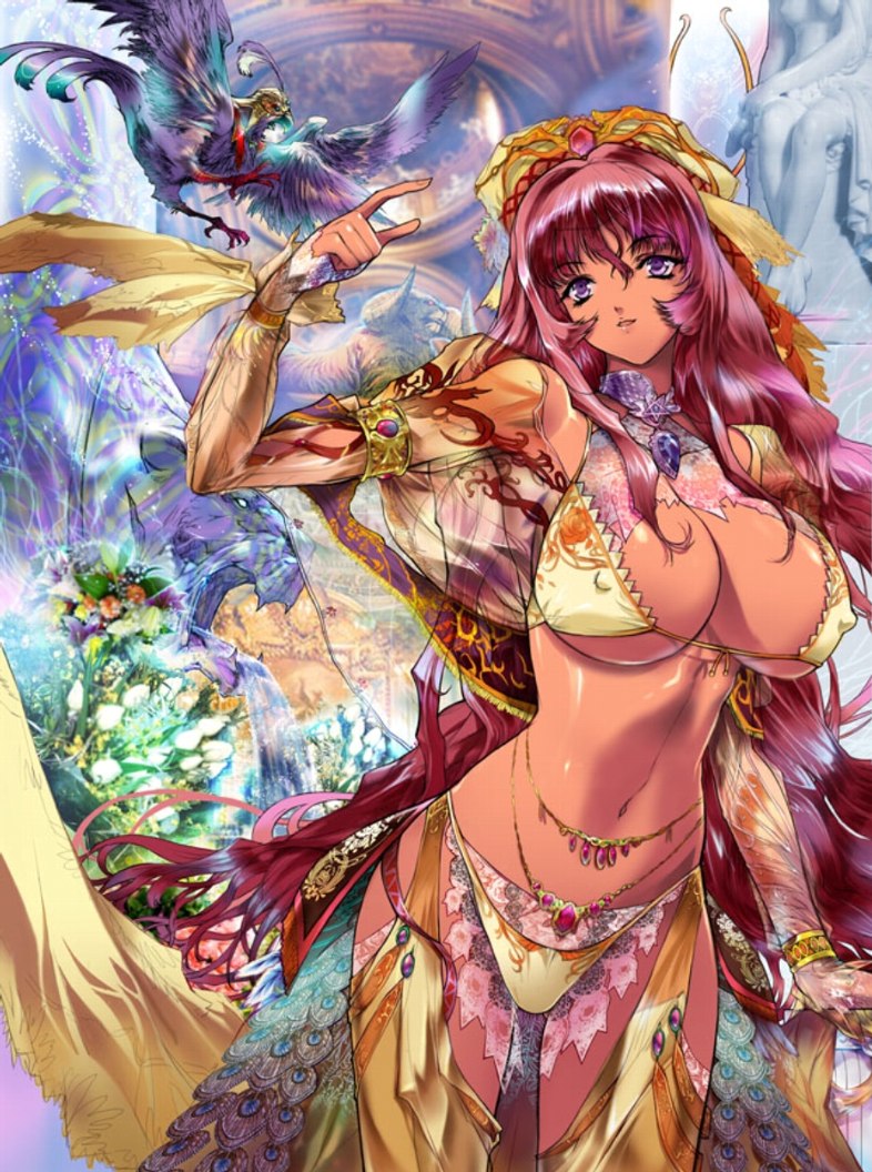 q azieru, original, 1girl, bird, bracelet, breasts, covered erect nipples, dark-skinned female, dark skin, detached sleeves, female focus, flower, jewelry, large breasts, lion, long hair, midriff, navel, necklace, nipples, panties, pendant, pink hair, purple eyes, see-through clothes, solo, standing, statue, underwear, very long hair