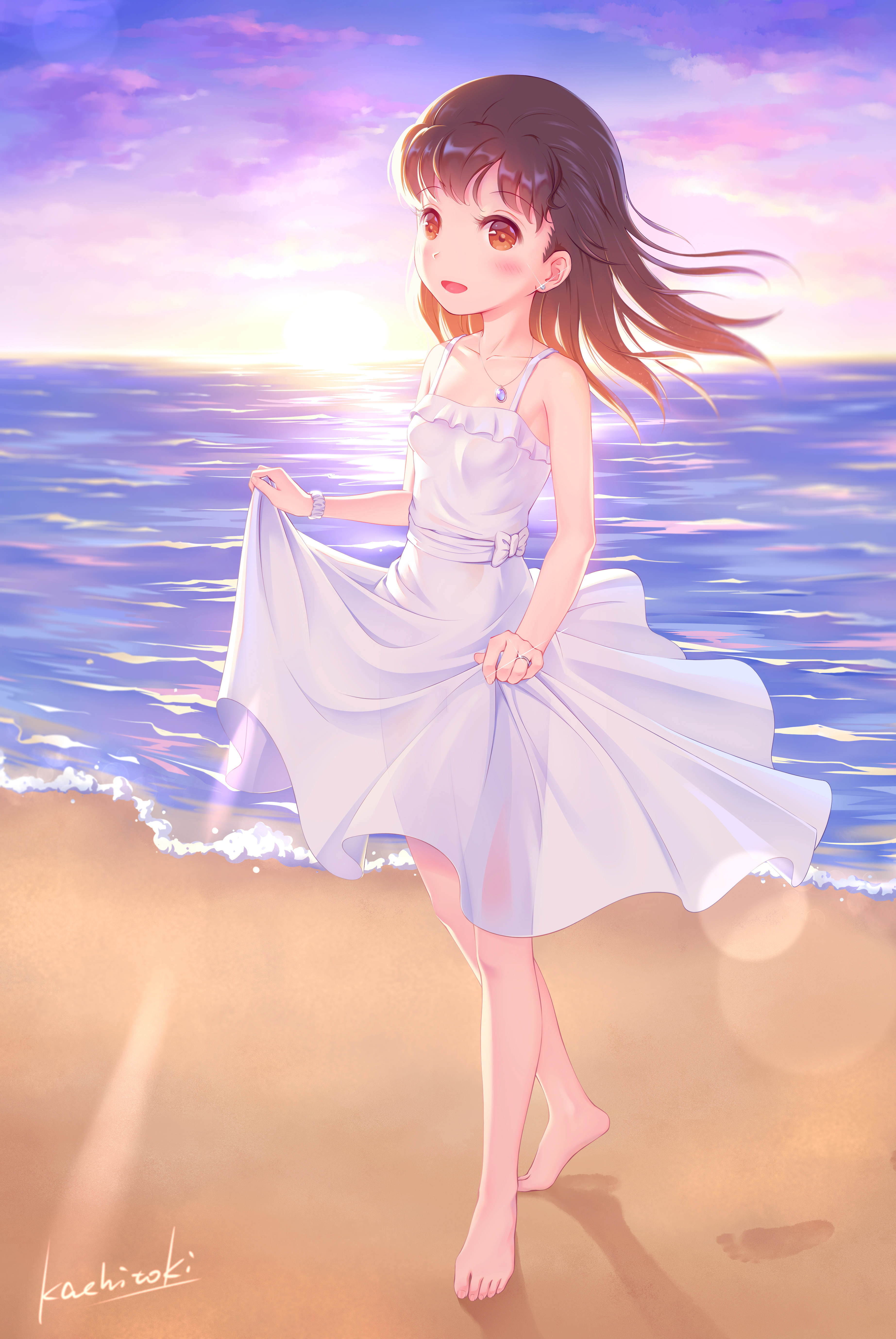 kachitoki, minamoto shizuka, doraemon, absurdres, highres, 1girl, bare shoulders, barefoot, beach, blush, breasts, brown eyes, brown hair, cloud, day, dress, full body, horizon, long hair, looking at viewer, ocean, open mouth, outdoors, skirt hold, sky, small breasts, smile, solo, sundress, water, white dress