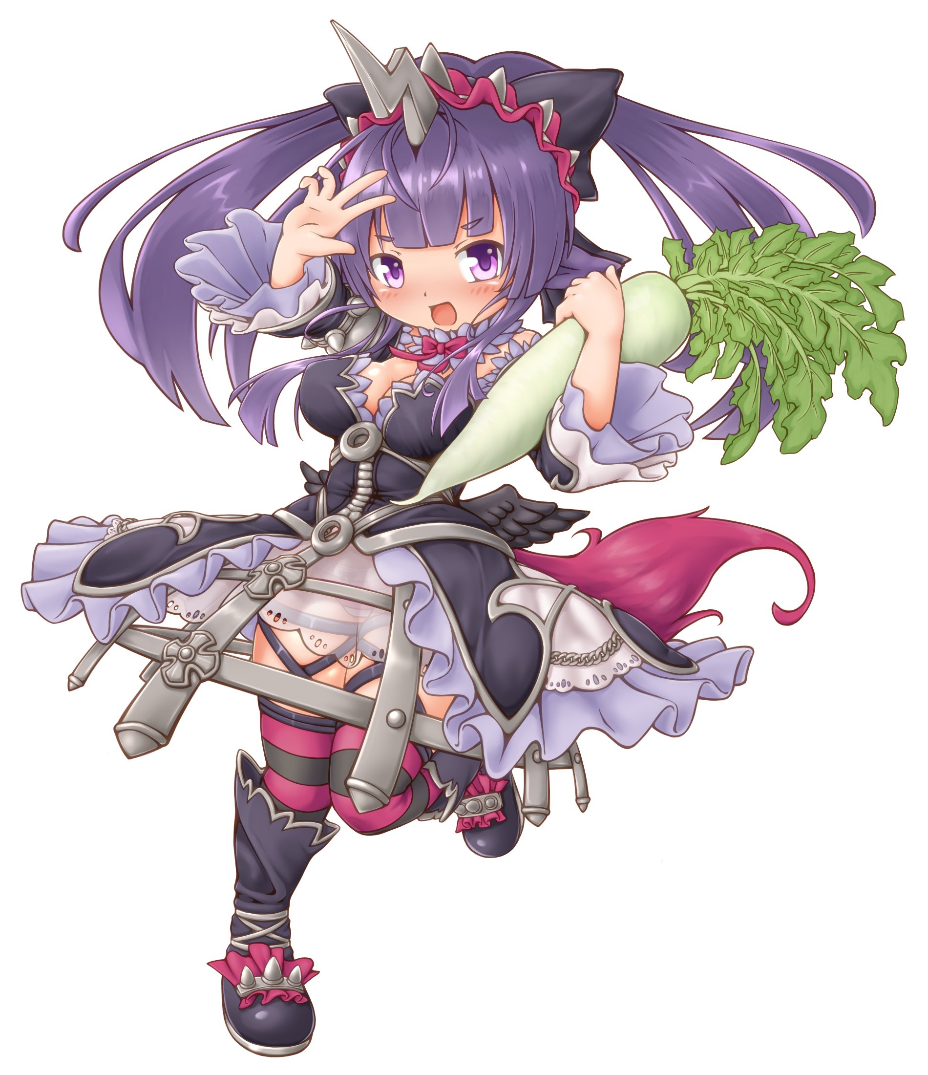 silver-index, emil chronicle online, highres, 1girl, beyaert alma, black boots, black bow, black dress, black thighhighs, blush, boots, bow, breasts, choker, cleavage, dress, food, frilled choker, frilled dress, frilled hairband, frilled sleeves, frills, hair bow, hairband, holding, holding food, horns, horse girl, large breasts, long hair, open mouth, pink hairband, pink ribbon, pink thighhighs, ponytail, purple eyes, purple hair, radish, red tail, ribbon, see-through clothes, see-through skirt, skirt, solo, striped clothes, striped thighhighs, thighhighs, w over head, white background