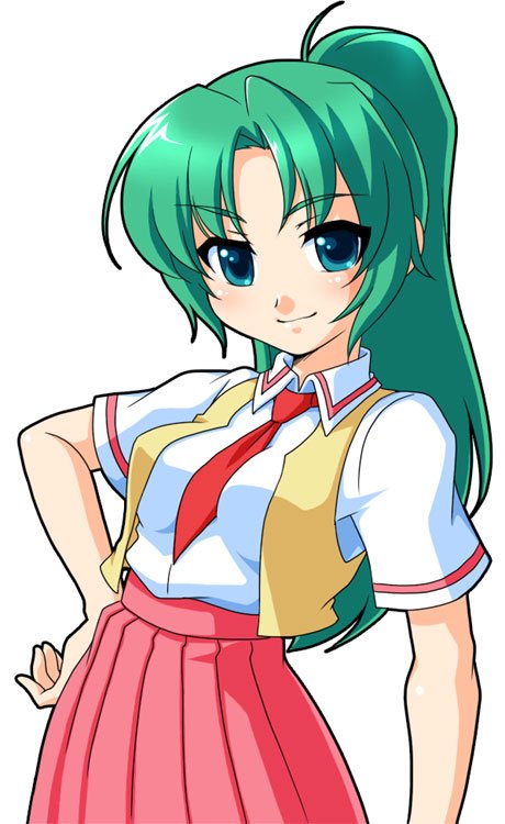 manjiduka, sonozaki mion, higurashi no naku koro ni, bad id, bad pixiv id, 00s, 1girl, blush, collared shirt, contrapposto, female focus, green eyes, green hair, hand on own hip, looking at viewer, matching hair/eyes, necktie, pleated skirt, ponytail, red necktie, red skirt, shirt, simple background, skirt, smile, solo, standing, vest, white background, white shirt