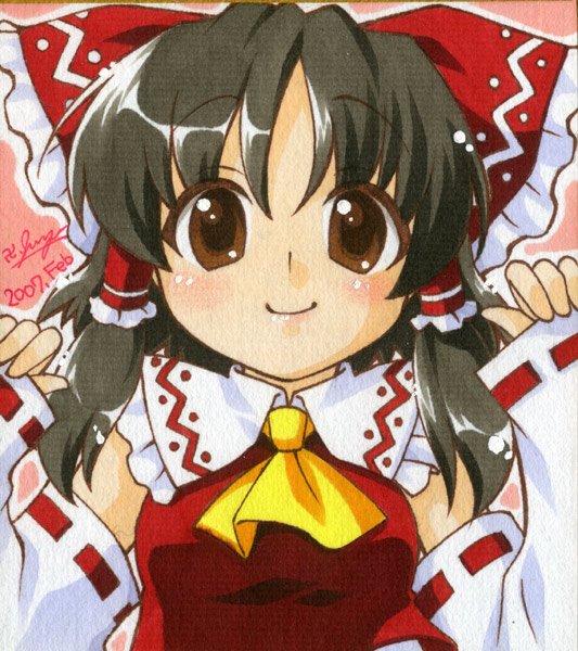 manjiduka, hakurei reimu, imperishable night, touhou, bad id, bad pixiv id, 1girl, ascot, black hair, blush, bow, brown eyes, dated, detached sleeves, female focus, hair bow, hair tubes, japanese clothes, looking at viewer, miko, red bow, red ribbon, ribbon, ribbon-trimmed sleeves, ribbon trim, sidelocks, sleeves past wrists, smile, solo, upper body