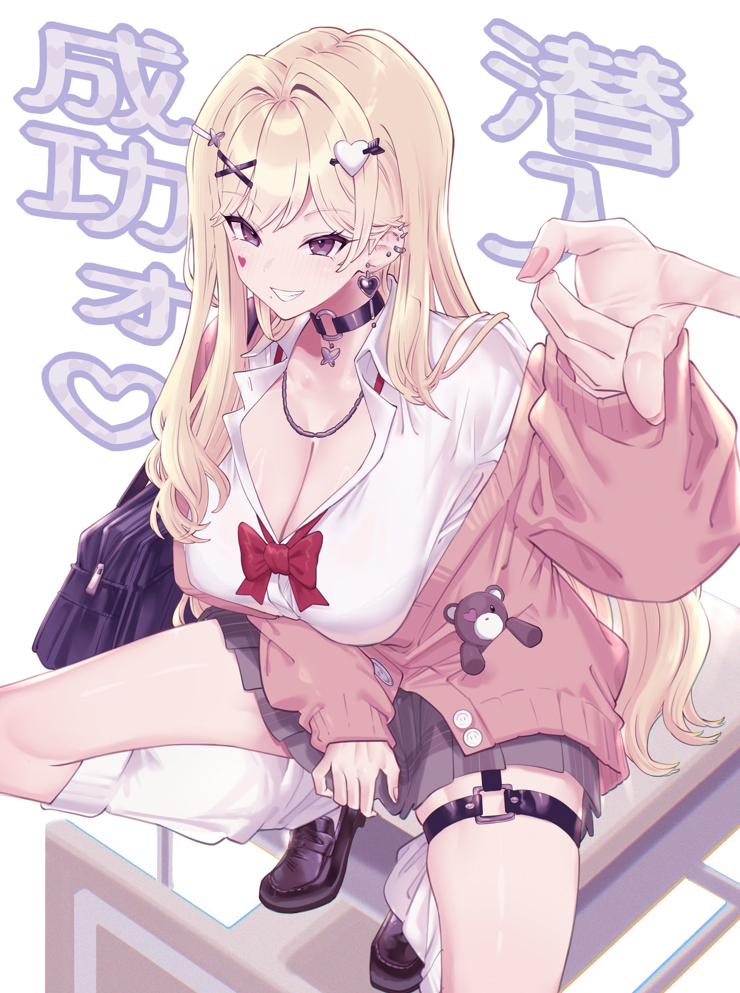 shirogami seisho, luis cammy, nijisanji, commentary request, highres, 1girl, black choker, black shoes, blonde hair, blush, bow, breasts, cardigan, choker, cleavage, earrings, facial mark, facial tattoo, grey skirt, gyaru, heart, heart facial mark, jewelry, large breasts, long hair, long sleeves, looking at viewer, loose socks, mole, mole under mouth, purple eyes, red bow, red cardigan, shirt, shoes, skirt, smile, socks, tattoo, teeth, thigh strap, v, virtual youtuber, white shirt, white socks