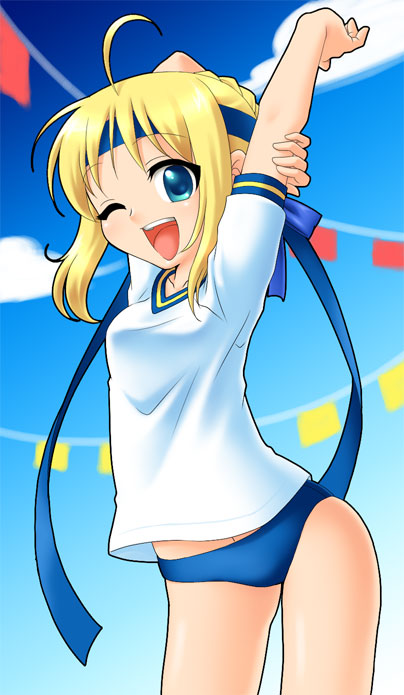 manjiduka, artoria pendragon (fate), saber (fate), fate/stay night, fate (series), 00s, alternate costume, blonde hair, buruma, gym uniform, one eye closed, solo, stretching, wink