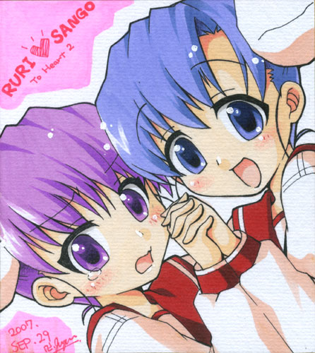 manjiduka, himeyuri ruri, himeyuri sango, to heart (series), to heart 2, lowres, 00s, bun cover, double bun, hair bun, school uniform, serafuku, shikishi