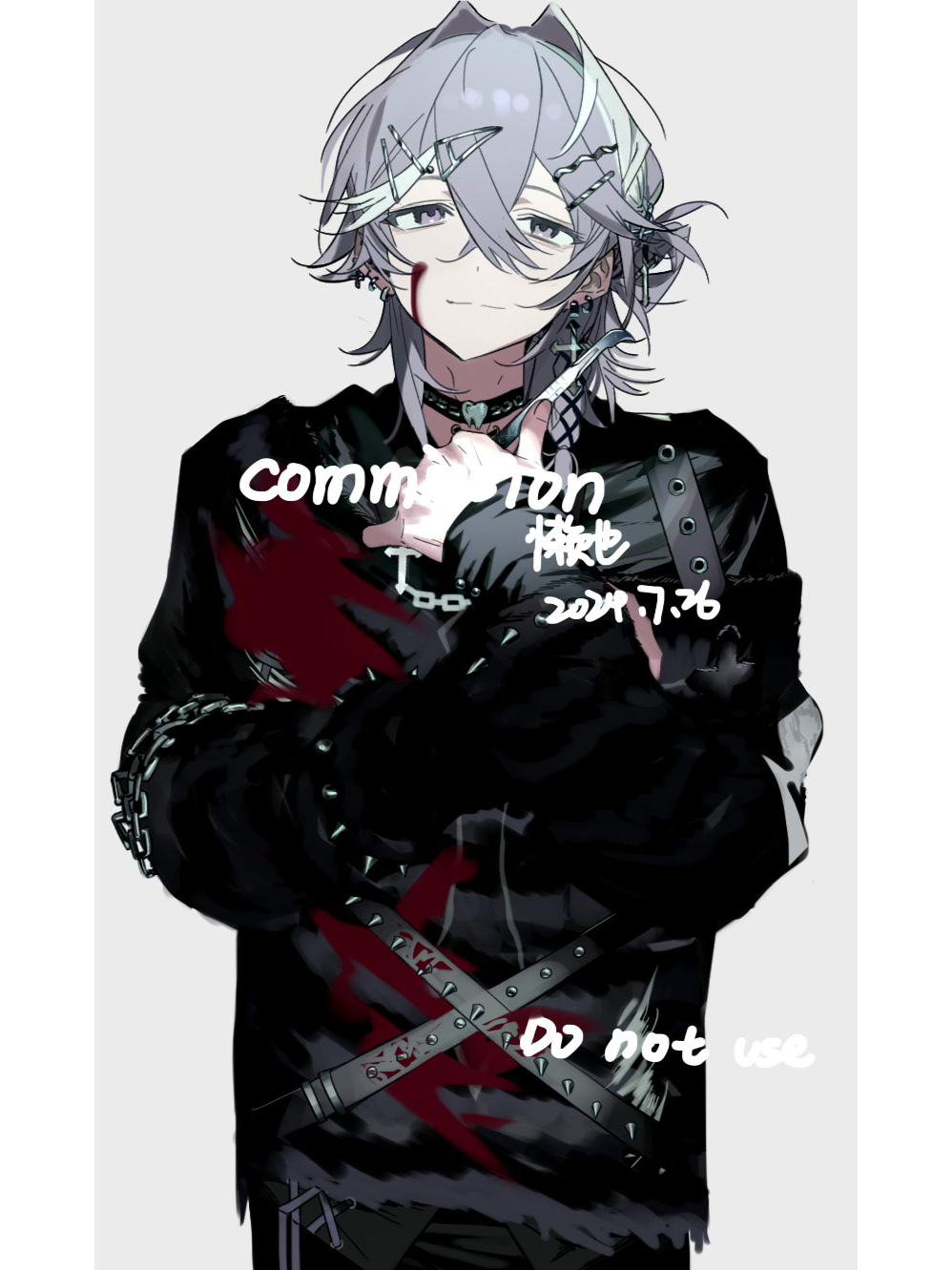 original, highres, 1boy, belt, black pants, blood, blood on clothes, blood on face, chain, choker, collar, ear piercing, grey background, grey eyes, grey hair, hair between eyes, hair intakes, hair ornament, hairclip, jewelry, lanye11, long sleeves, looking at viewer, male focus, multicolored hair, pants, piercing, simple background, sleeves past wrists, smile, solo, spikes, white hair