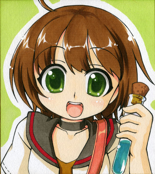 manjiduka, 1girl, brown hair, female focus, green eyes, open mouth, school uniform, serafuku, shikishi, solo, test tube