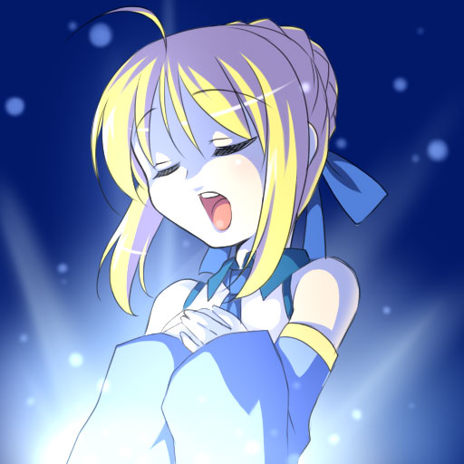 manjiduka, artoria pendragon (fate), hatsune miku, saber (fate), fate/stay night, fate (series), vocaloid, eyebrows, 1girl, ahoge, alternate color, blonde hair, closed eyes, cosplay, detached sleeves, female focus, glowing, hands on own chest, hatsune miku (cosplay), music, open mouth, singing, solo, teeth, upper body