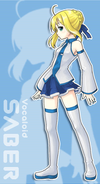 manjiduka, artoria pendragon (fate), hatsune miku, saber (fate), fate/stay night, fate (series), vocaloid, 1girl, alternate color, blonde hair, cosplay, detached sleeves, female focus, green eyes, hatsune miku (cosplay), parody, solo, thighhighs, zettai ryouiki