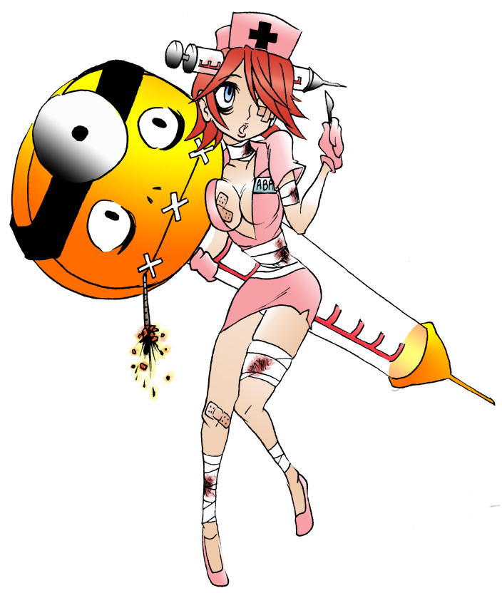 a.b.a, paracelsus (guilty gear), arc system works, guilty gear, homunculus, 1girl, bandages, bandaid, bandaid on knee, bandaid on leg, bandaids on nipples, blue eyes, doctor, female focus, gloves, hair over one eye, hat, large syringe, nurse, nurse cap, object through head, oversized object, pasties, red hair, scalpel, short hair, solo, syringe, syringe in head