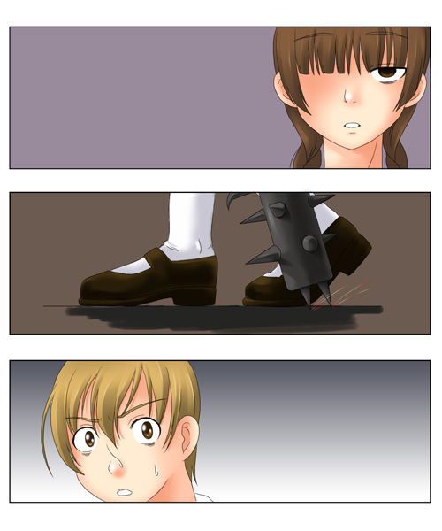 toshifumi, hasekura rei, shimazu yoshino, bokusatsu tenshi dokuro-chan, maria-sama ga miteru, 00s, 2girls, blunt bangs, brown hair, club, comic, excalibolg, expressionless, feet, hidden eyes, loafers, lower body, multiple girls, shaded face, shoes, spiked club, sweatdrop, upper body, walking, weapon