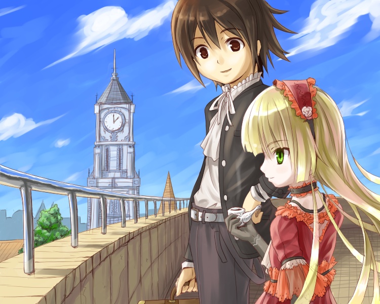 catanagi, kujou kazuya, victorica de blois, gosick, 1boy, 1girl, bag, blonde hair, brown eyes, brown hair, goth fashion, gothic lolita, green eyes, holding, holding smoking pipe, lolita fashion, smoking pipe