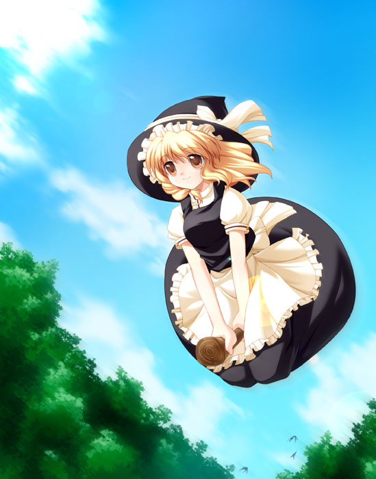 maroppe, kirisame marisa, touhou, 1girl, blonde hair, broom, broom riding, female focus, flying, gradient background, nature, outdoors, plant, skirt, sky, solo